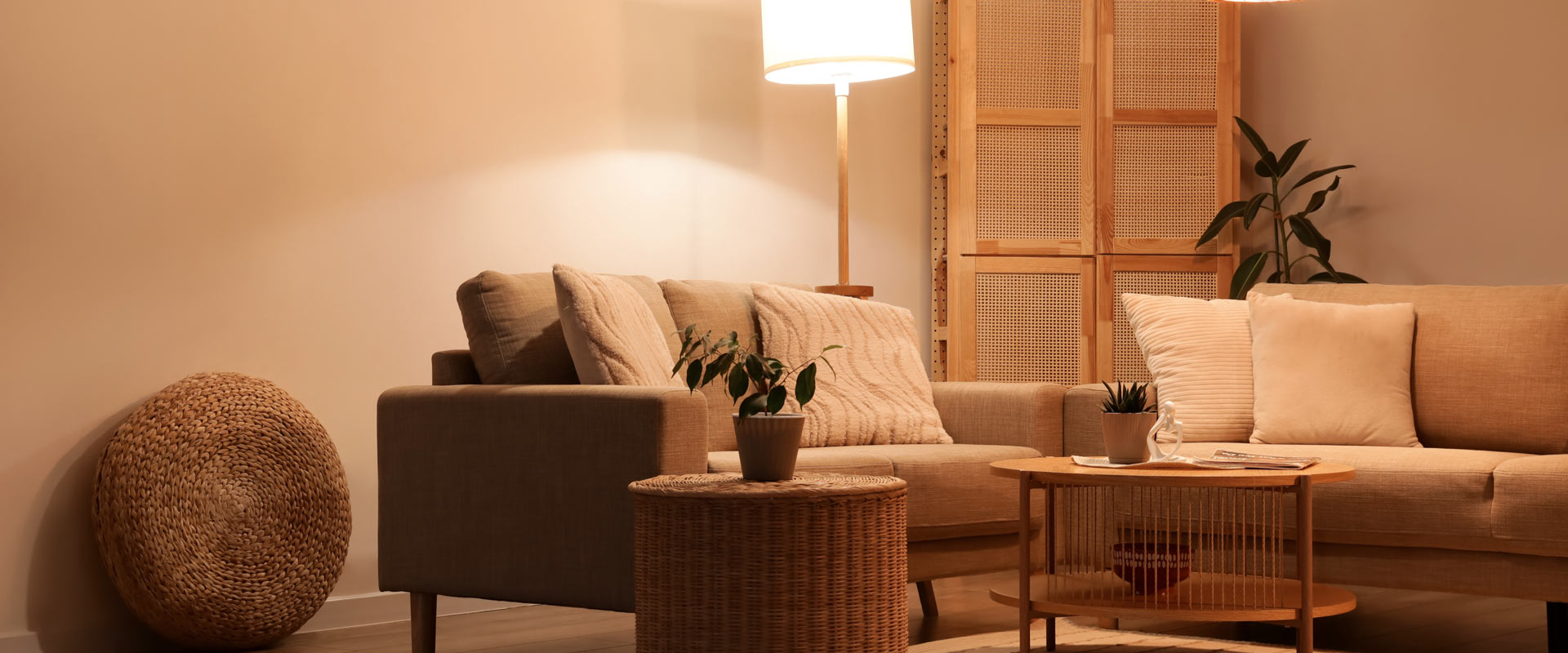 Comfy living room with warm lighting